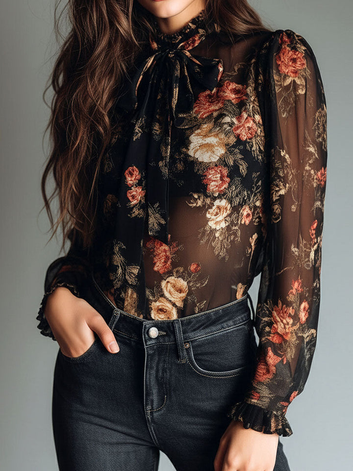 Retro Black Sheer Satin Blouse with Floral Design and Neck Tie