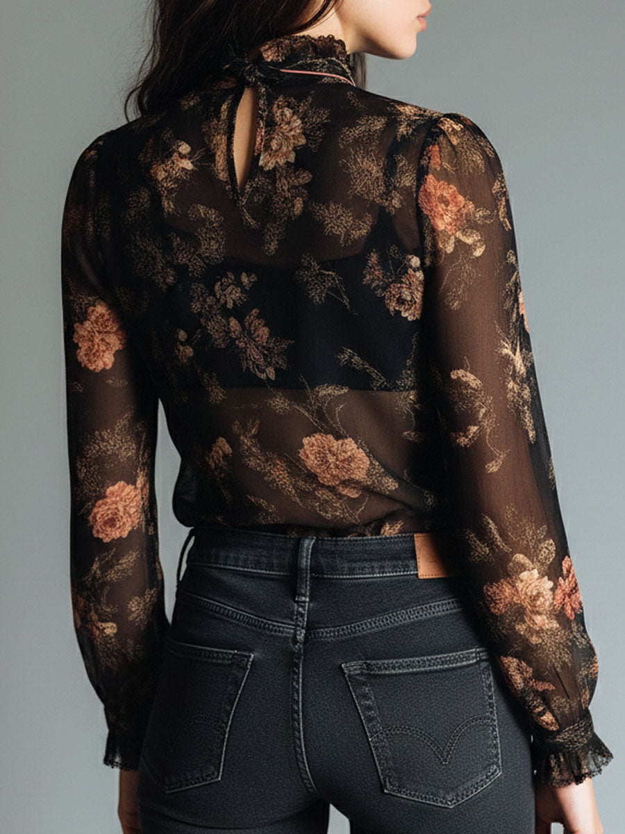 Retro Black Sheer Satin Blouse with Floral Design and Neck Tie