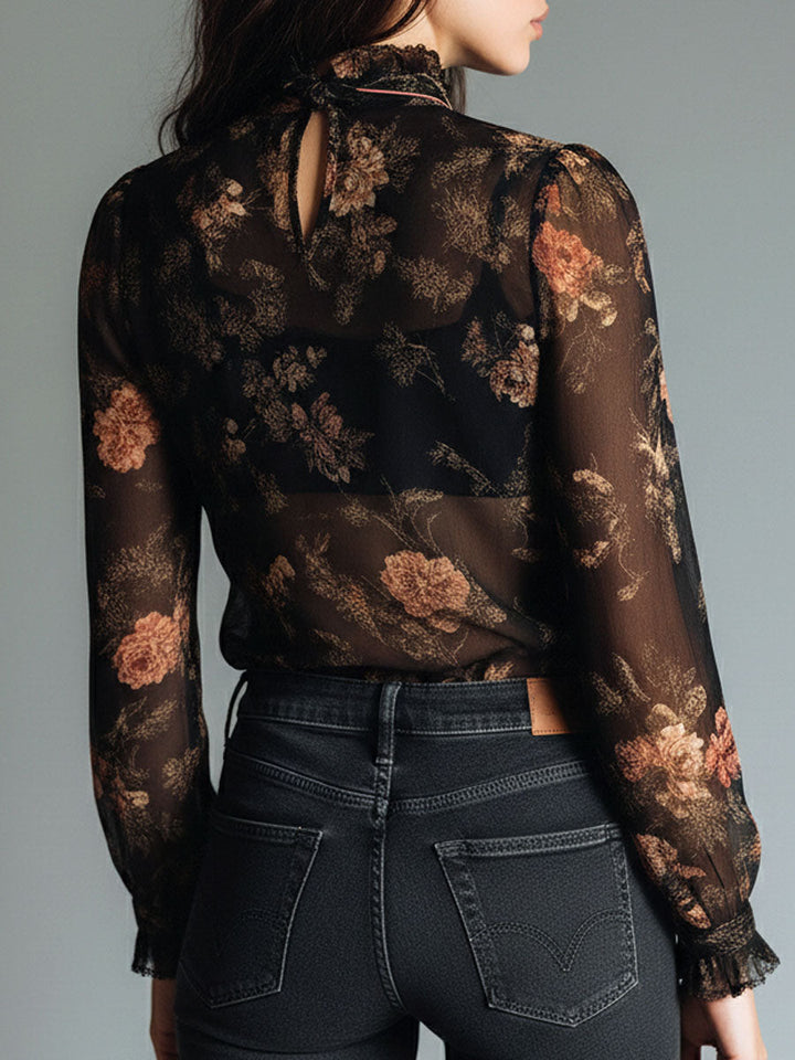 Retro Black Sheer Satin Blouse with Floral Design and Neck Tie