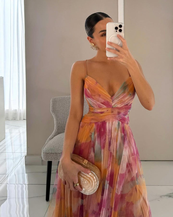 Adelina | Watercolor Chiffon Maxi Dress