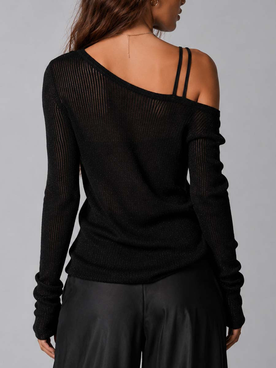 Black Shine Asymmetric Off-Shoulder Top with Transparent Rib and Double Thin Stripes