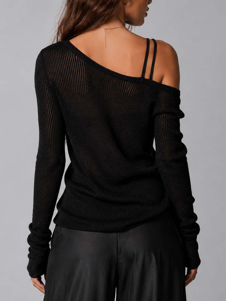 Black Shine Asymmetric Off-Shoulder Top with Transparent Rib and Double Thin Stripes