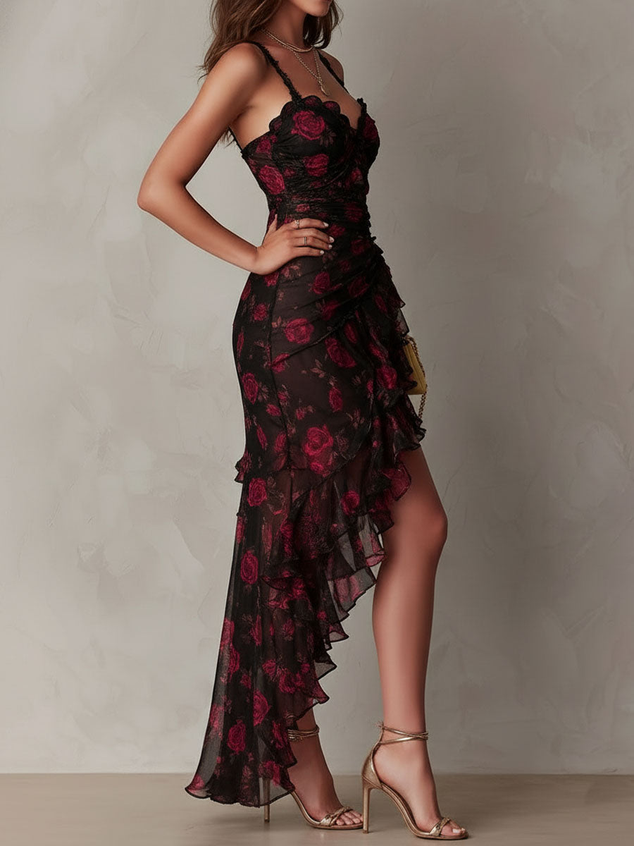 Bohemian-Inspired Black and Red Floral Ruffle Dress with Lace Accents