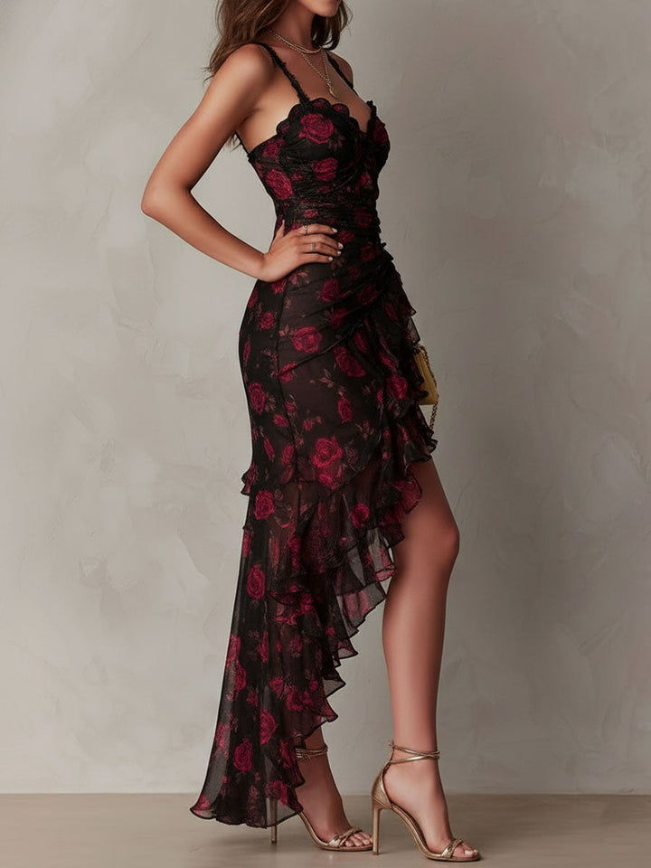Bohemian-Inspired Black and Red Floral Ruffle Dress with Lace Accents