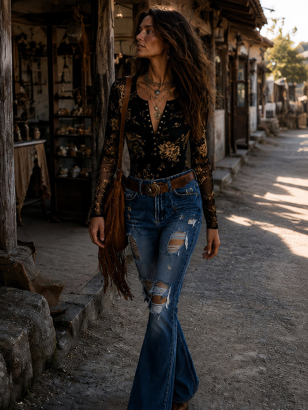 Floral-Print Boho Retro Blouse with Sheer Fabric and Button Front
