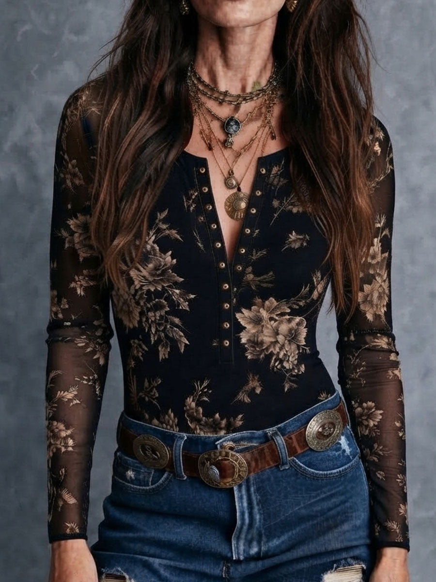 Floral-Print Boho Retro Blouse with Sheer Fabric and Button Front