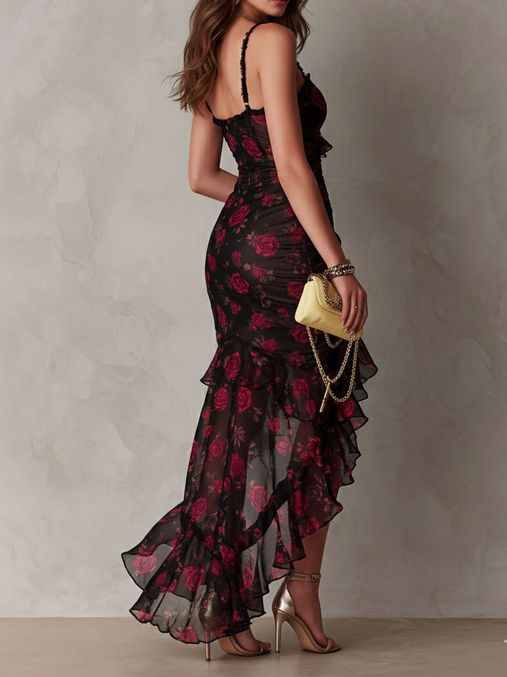 Bohemian-Inspired Black and Red Floral Ruffle Dress with Lace Accents
