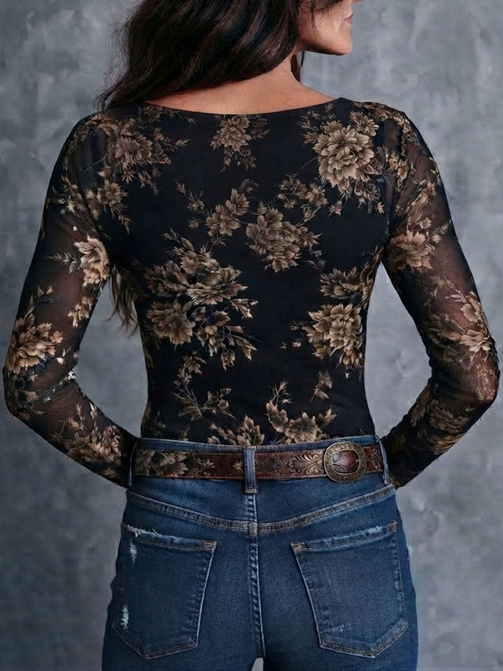Floral-Print Boho Retro Blouse with Sheer Fabric and Button Front