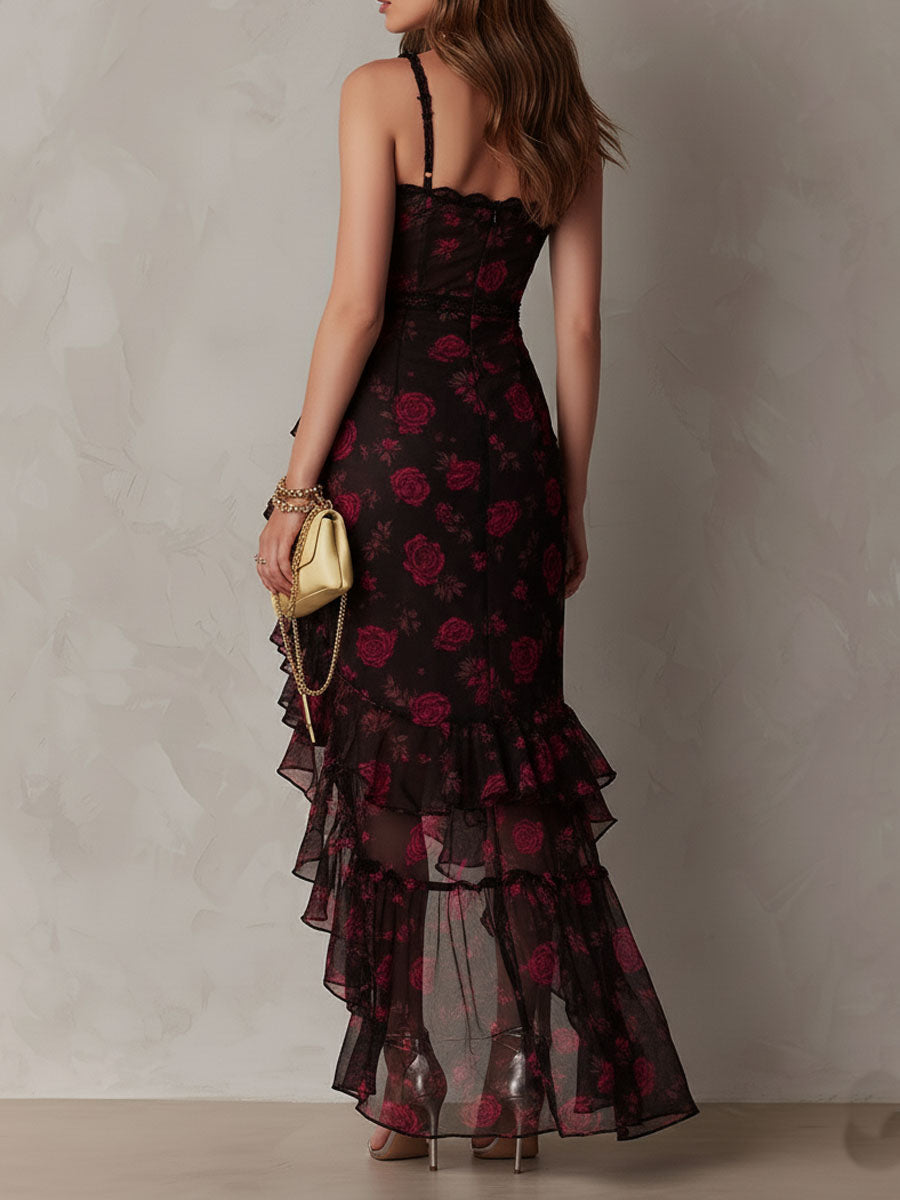 Bohemian-Inspired Black and Red Floral Ruffle Dress with Lace Accents