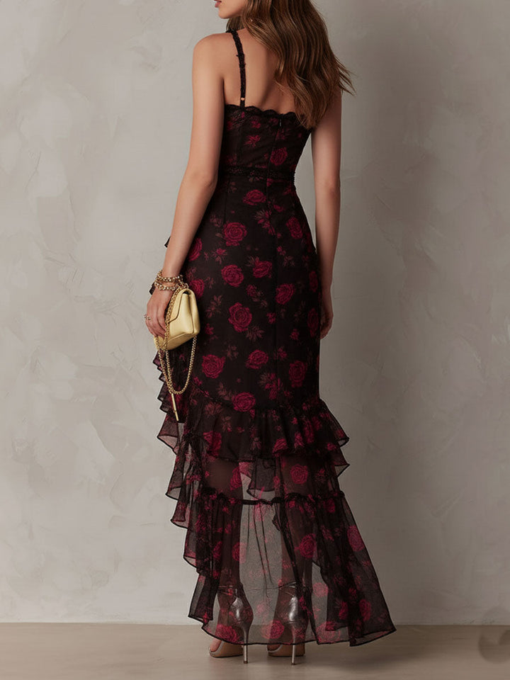 Bohemian-Inspired Black and Red Floral Ruffle Dress with Lace Accents