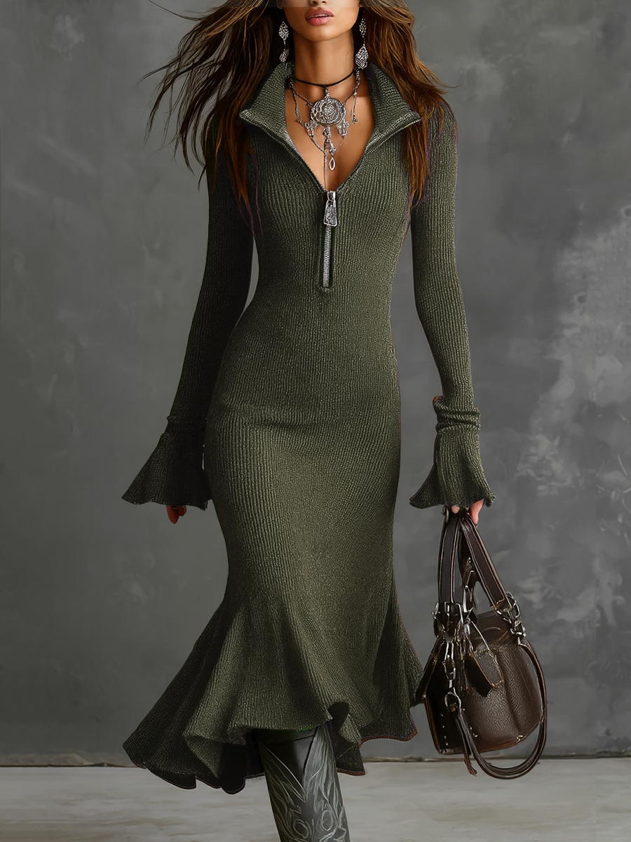 Vintage-Inspired Midi Dress with Zipper and Flared Trumpet Sleeves