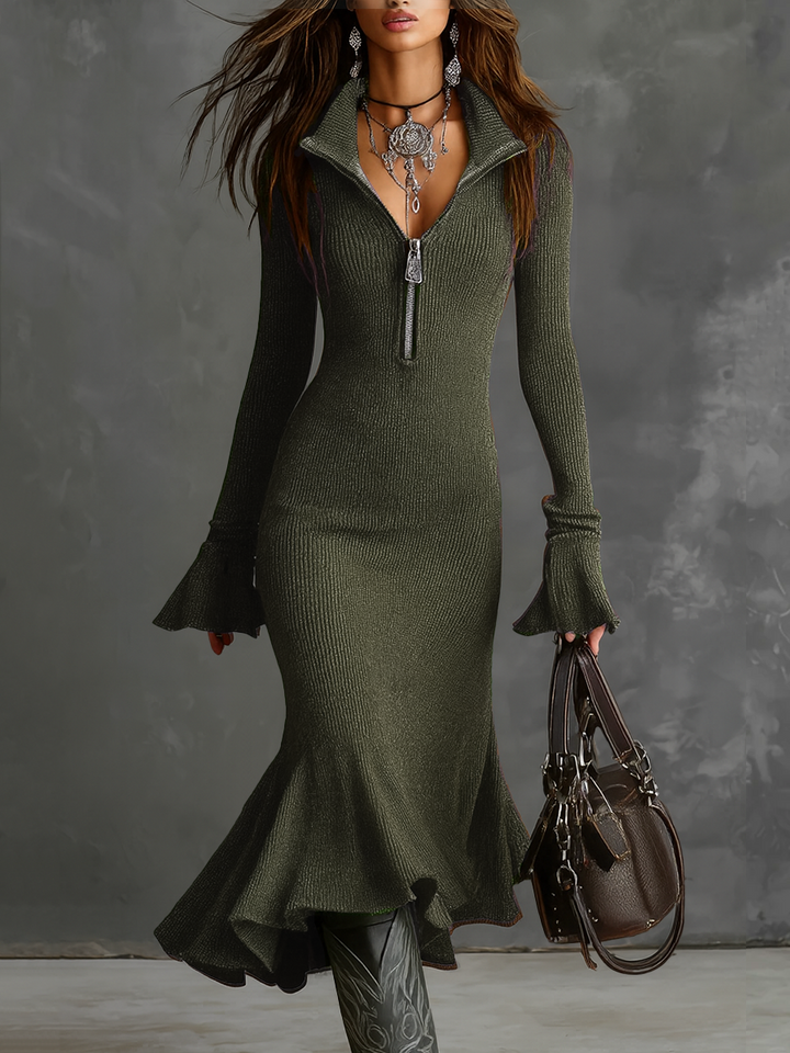 Vintage-Inspired Midi Dress with Zipper and Flared Trumpet Sleeves