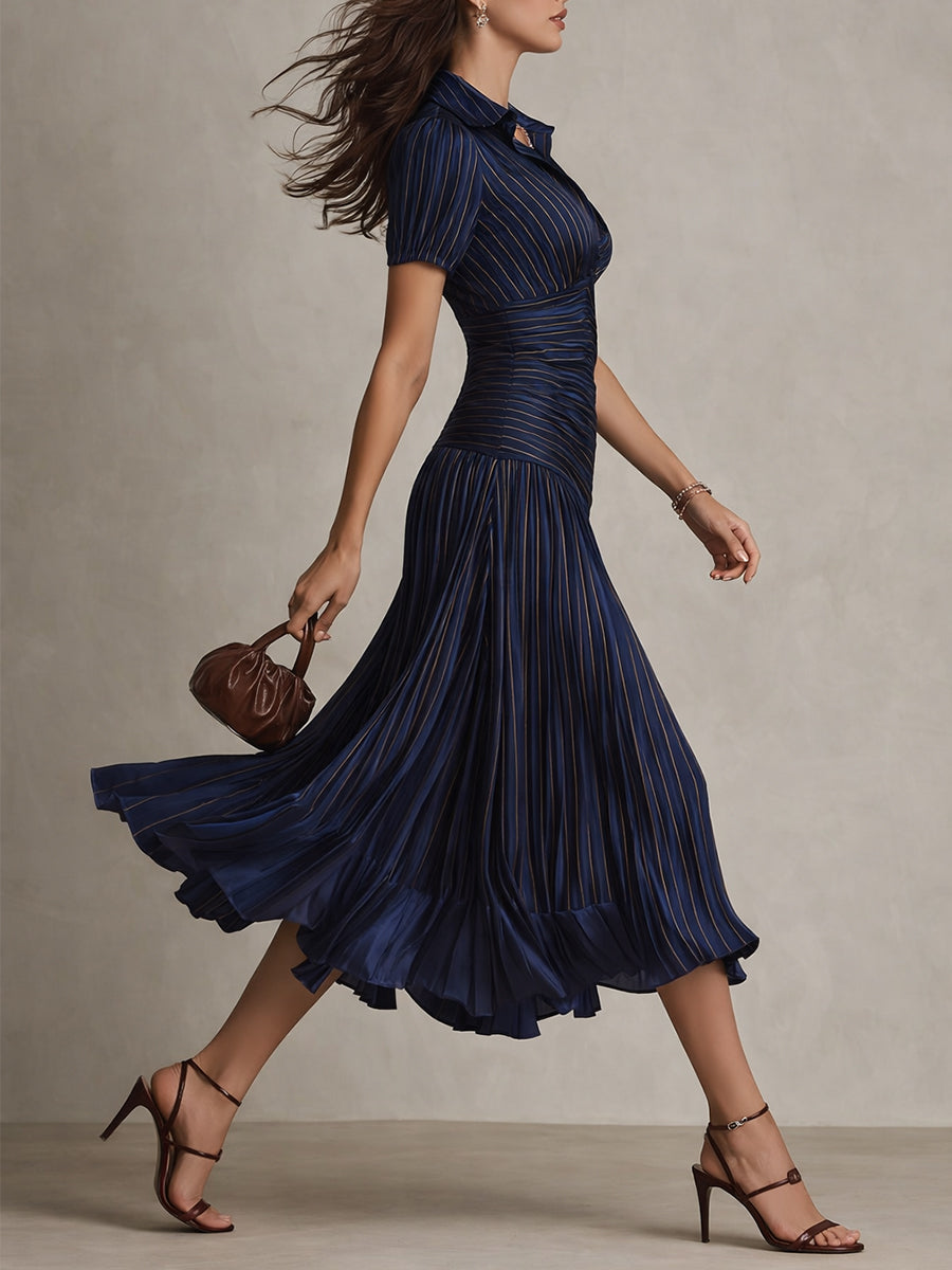 Vintage-Inspired Striped Satin Pleated Midi Bodycon Dress