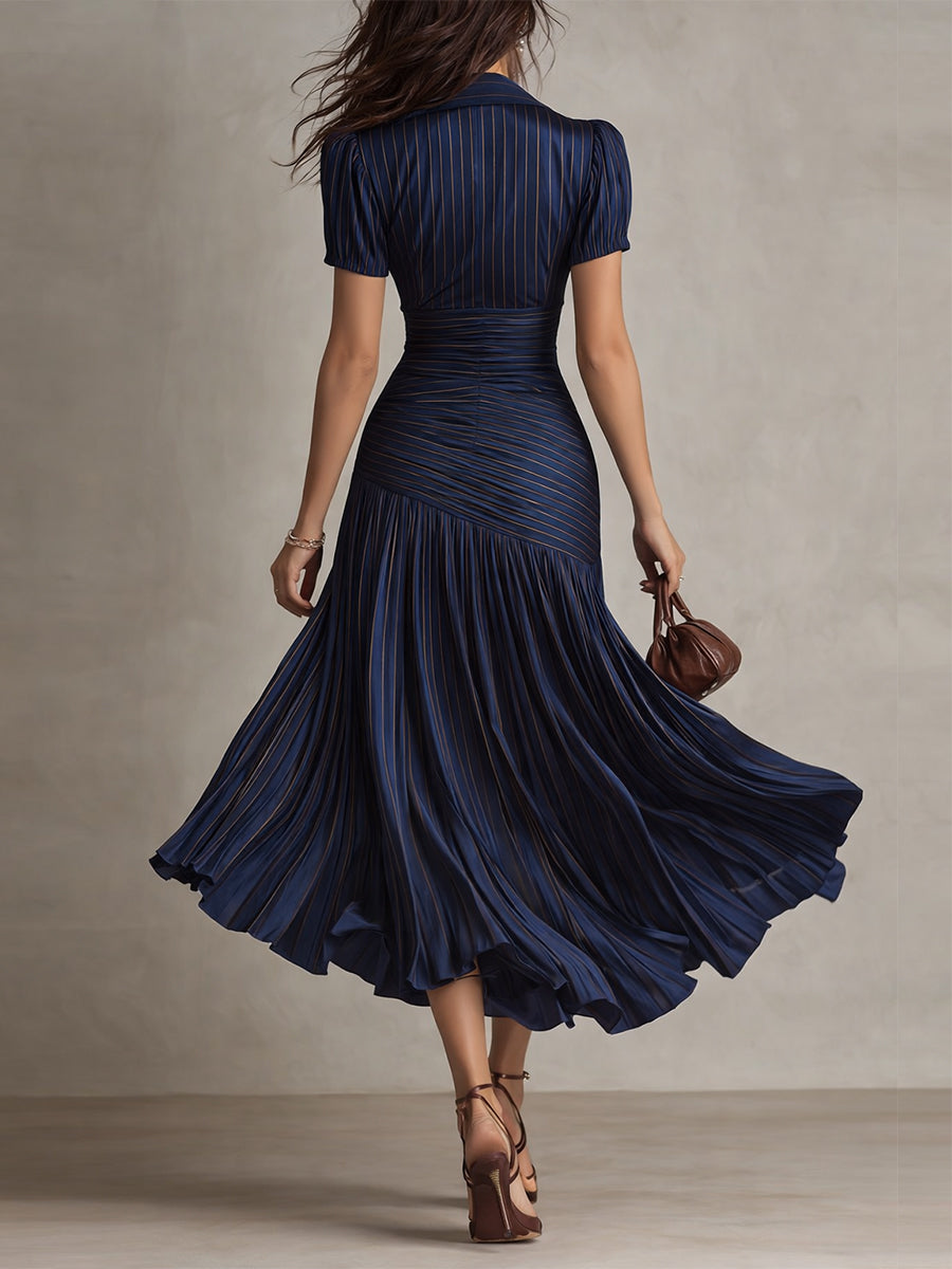 Vintage-Inspired Striped Satin Pleated Midi Bodycon Dress