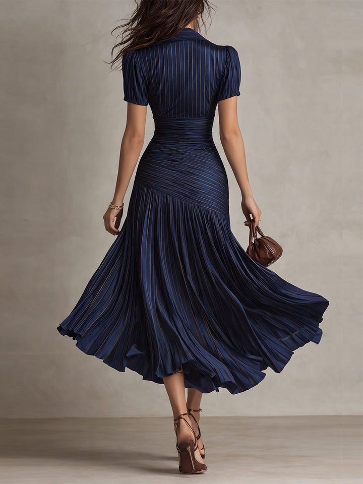 Vintage-Inspired Striped Satin Pleated Midi Bodycon Dress