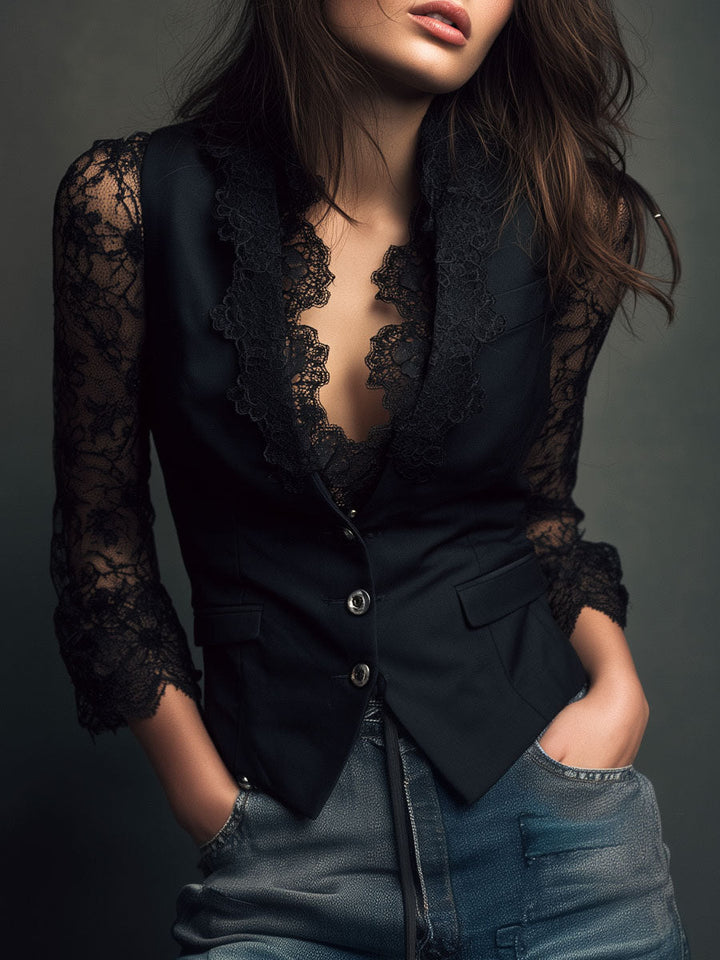 Chic Black Blazer Featuring Lace Sleeves