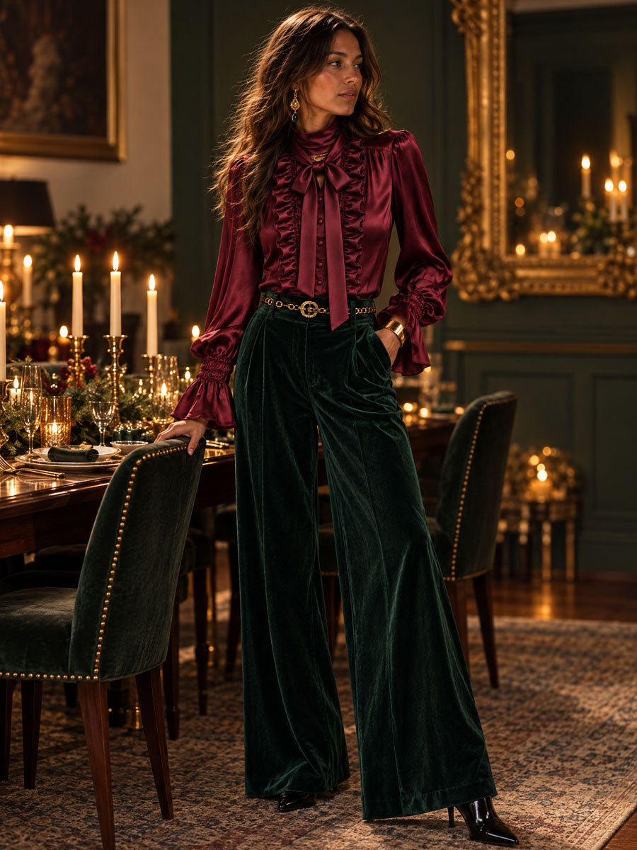 Women's Satin Bow-Neck Blouse with Ruffle Detailing and Metropolitan Sleeves