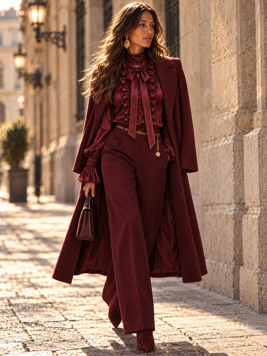 Women's Satin Bow-Neck Blouse with Ruffle Detailing and Metropolitan Sleeves