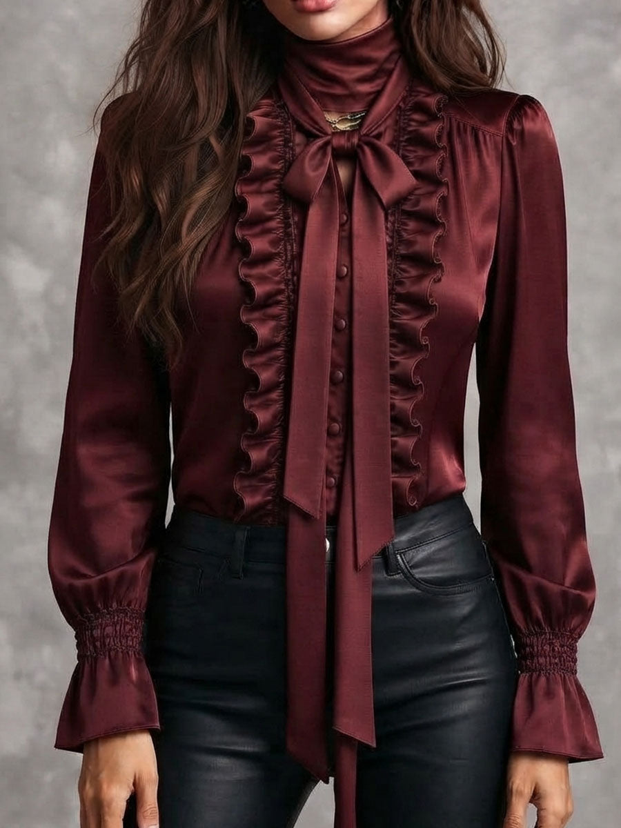 Women's Satin Bow-Neck Blouse with Ruffle Detailing and Metropolitan Sleeves