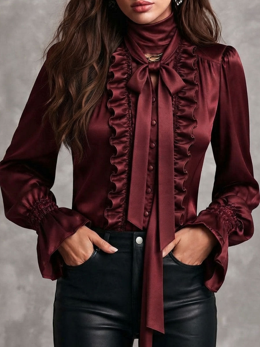 Women's Satin Bow-Neck Blouse with Ruffle Detailing and Metropolitan Sleeves