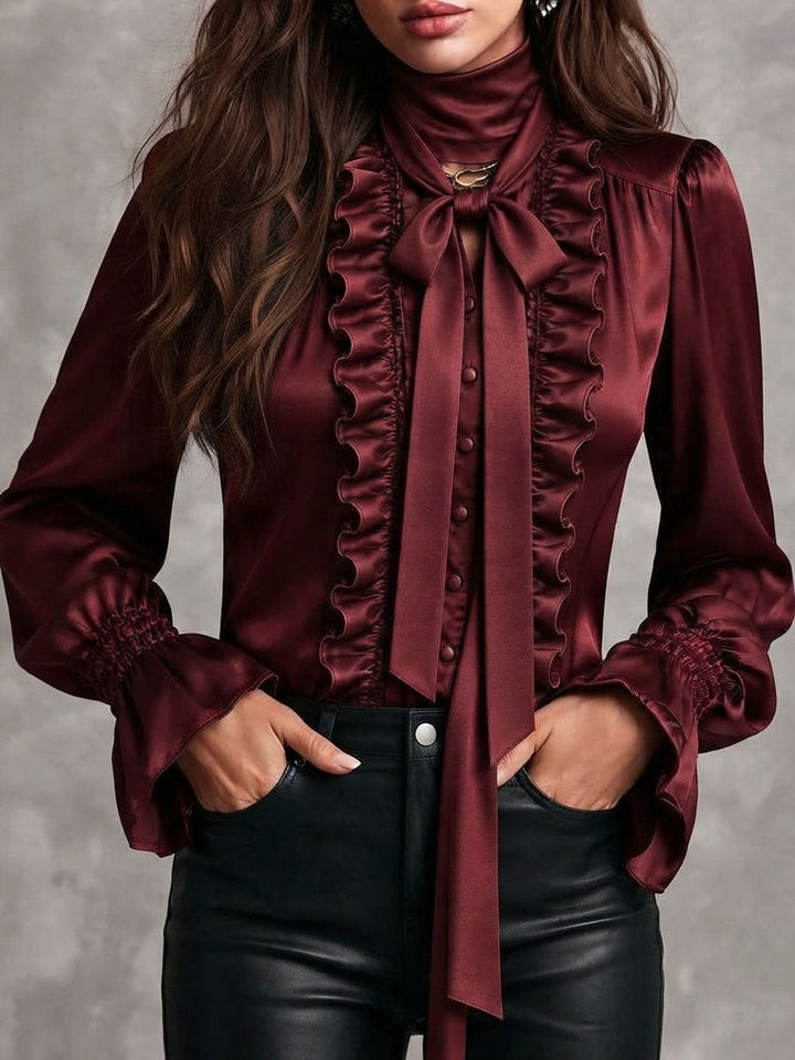 Women's Satin Bow-Neck Blouse with Ruffle Detailing and Metropolitan Sleeves
