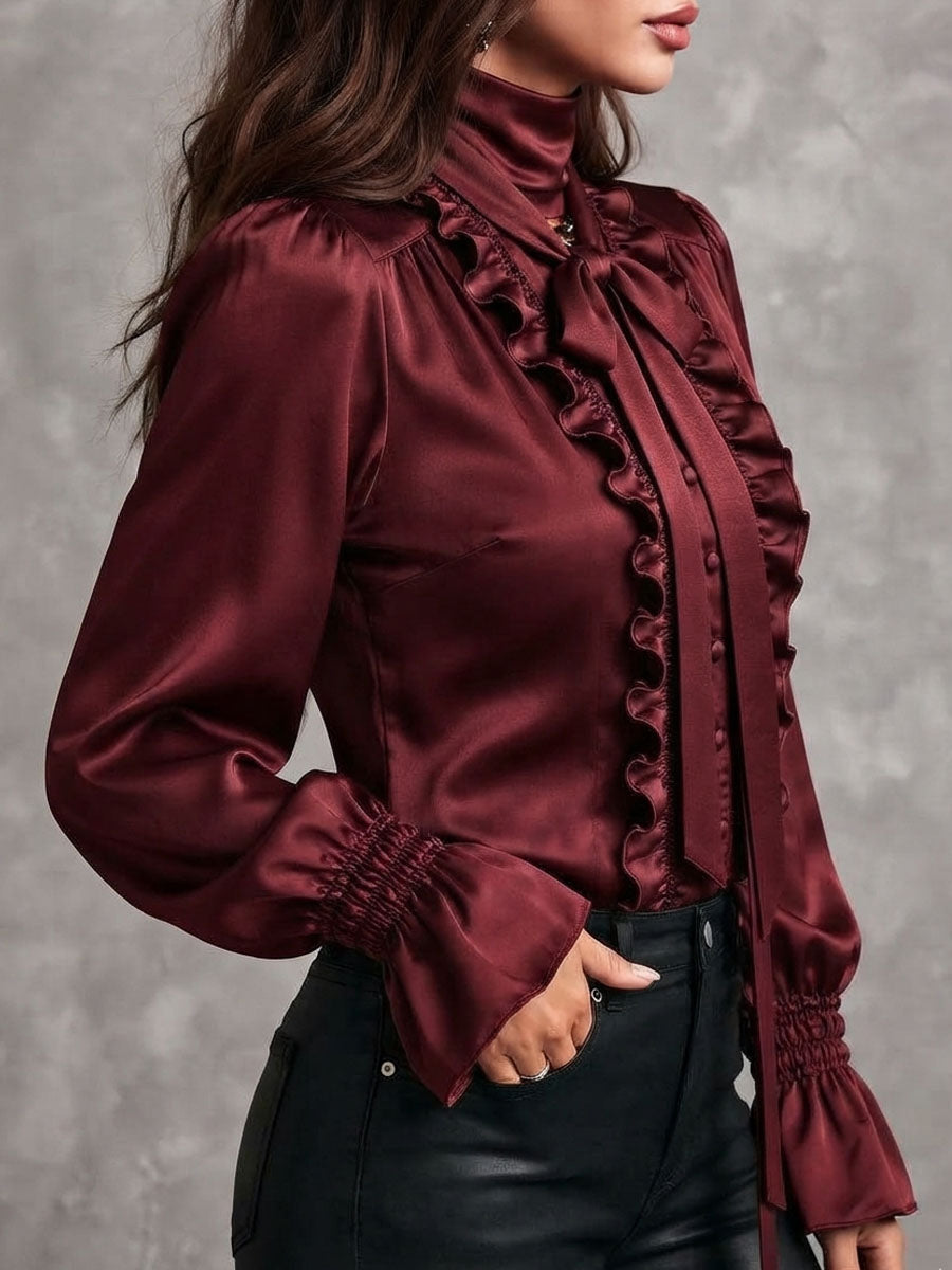 Women's Satin Bow-Neck Blouse with Ruffle Detailing and Metropolitan Sleeves