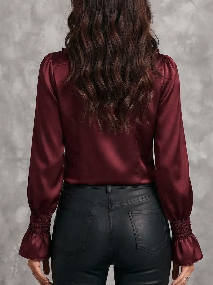 Women's Satin Bow-Neck Blouse with Ruffle Detailing and Metropolitan Sleeves
