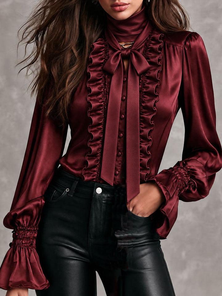 Women's Satin Bow-Neck Blouse with Ruffle Detailing and Metropolitan Sleeves