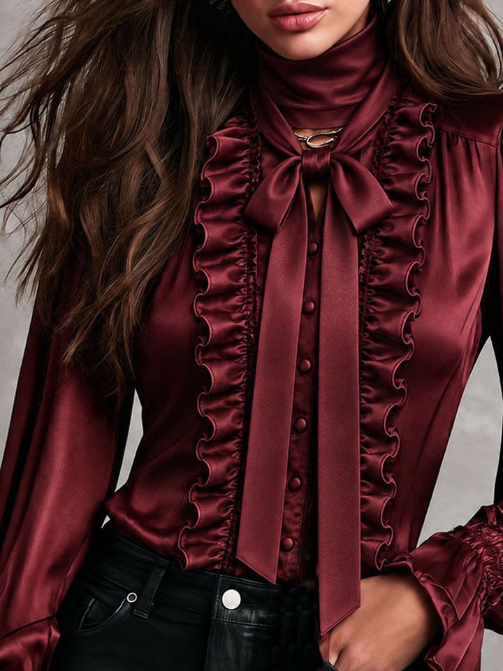 Women's Satin Bow-Neck Blouse with Ruffle Detailing and Metropolitan Sleeves