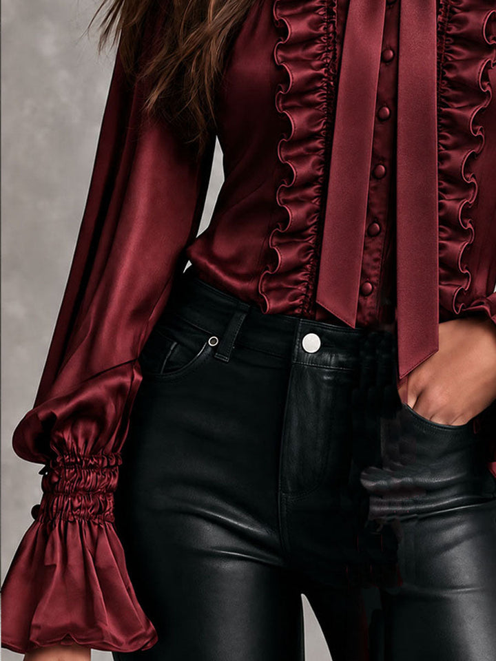 Women's Satin Bow-Neck Blouse with Ruffle Detailing and Metropolitan Sleeves