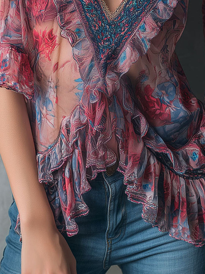 Bohemian V-Neck Blouse with Sheer Floral Details