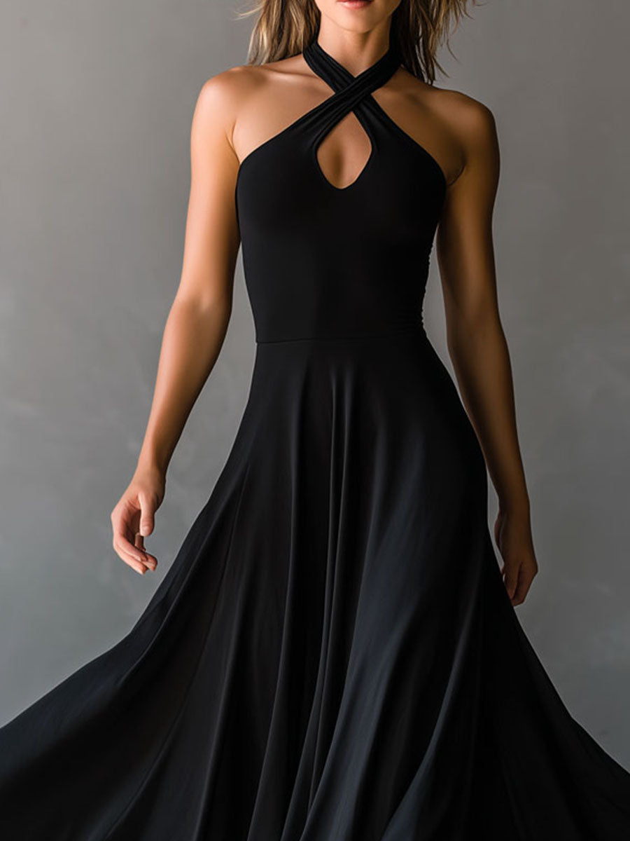 Vintage-Inspired Black Midi Dress with Neck Tie
