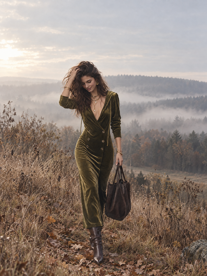 Chic Olive Green Maxi Dress Featuring Double Row Design