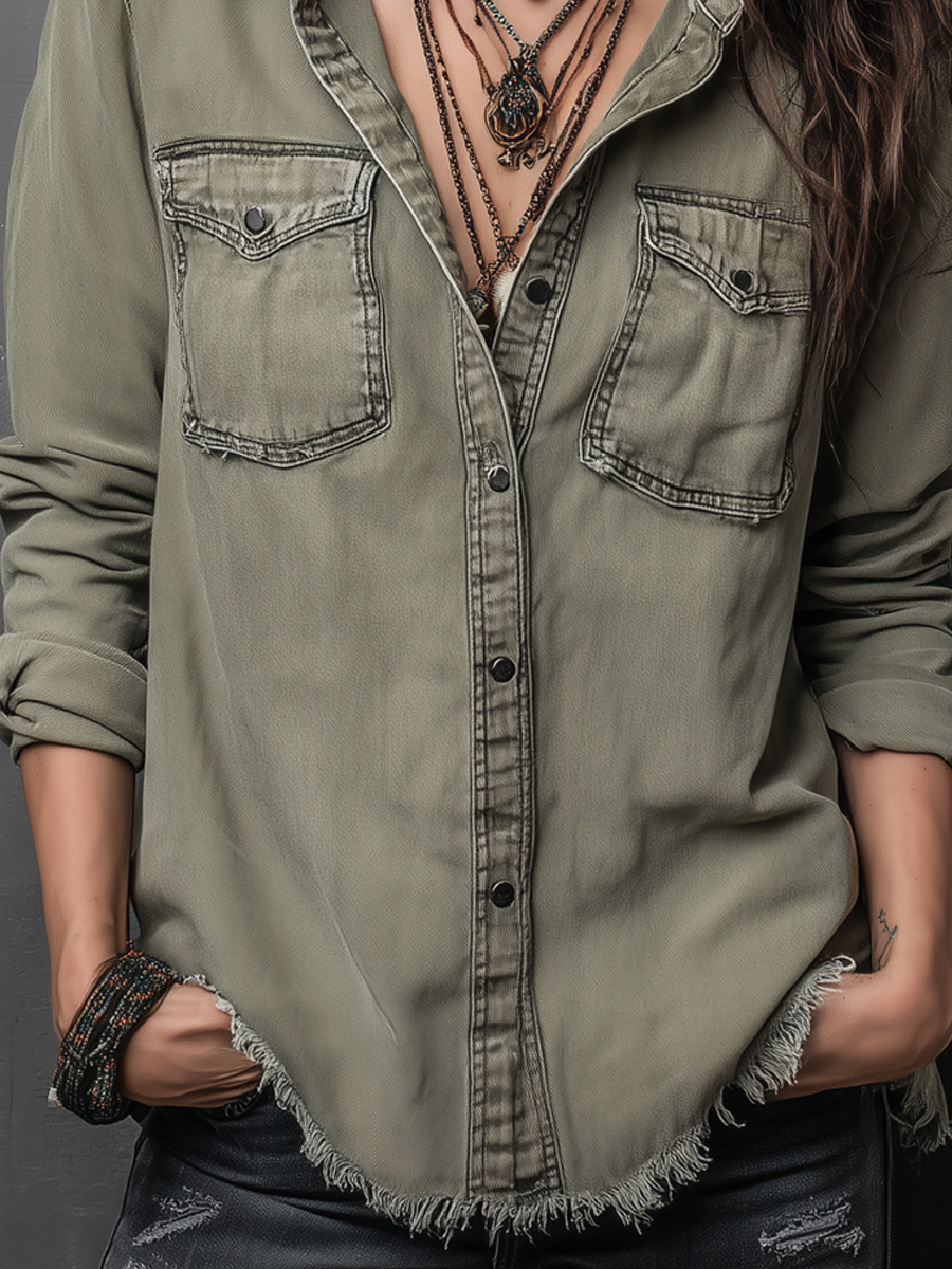 Retro Long Sleeve Blouse with Pockets and Distressed Finish