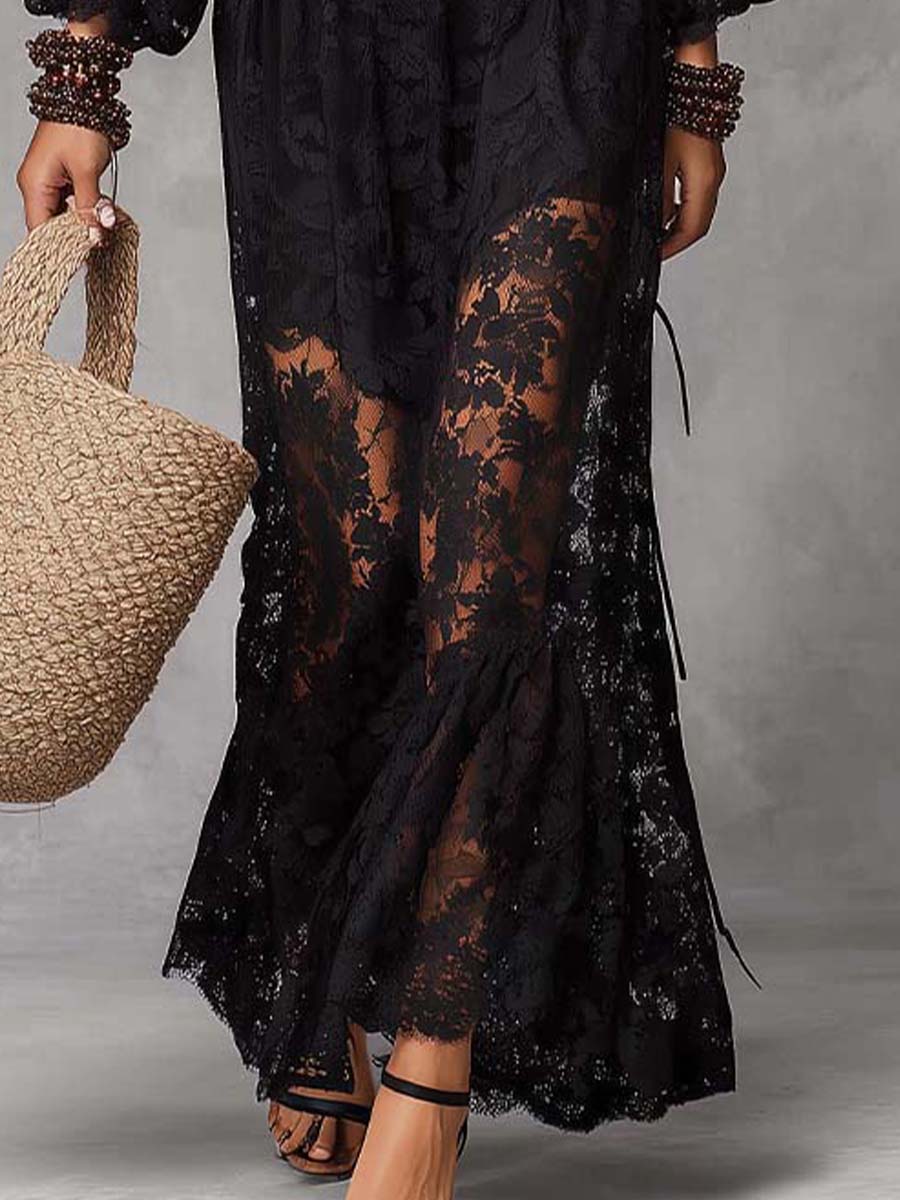 Elegant Black Satin Maxi Dress Featuring Lace Details