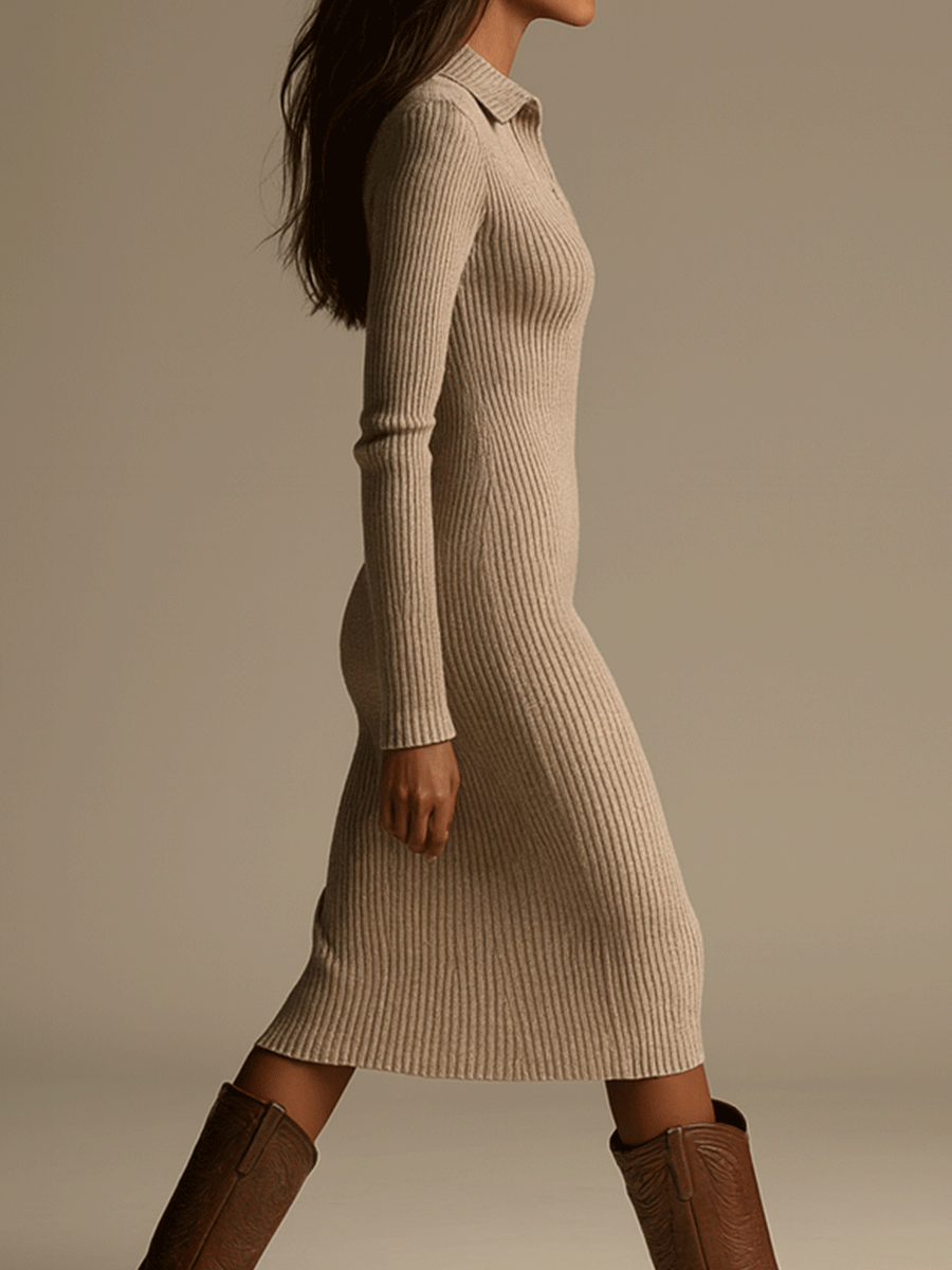 Minimalist Beige Knitted Midi Bodycon Dress