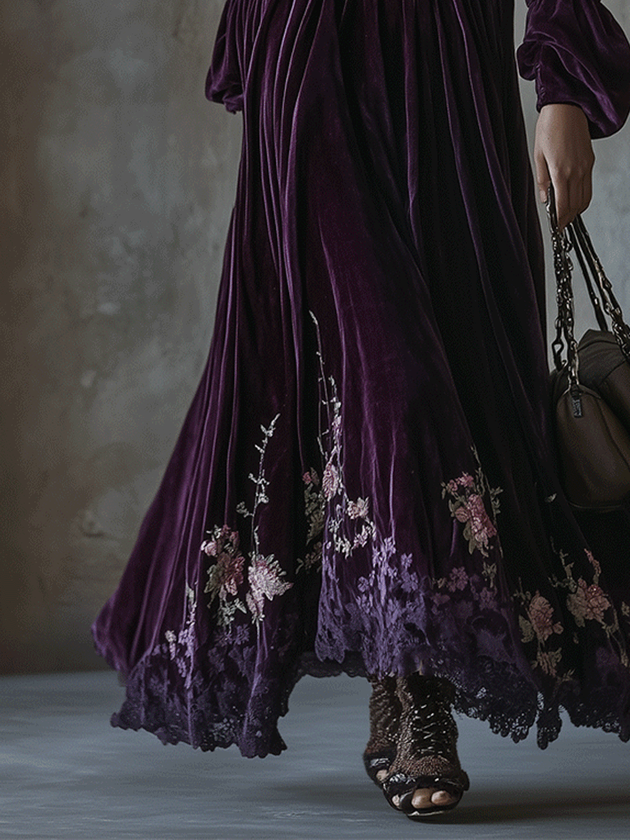 Velvet Maxi Dress Adorned with Embroidered Floral Designs