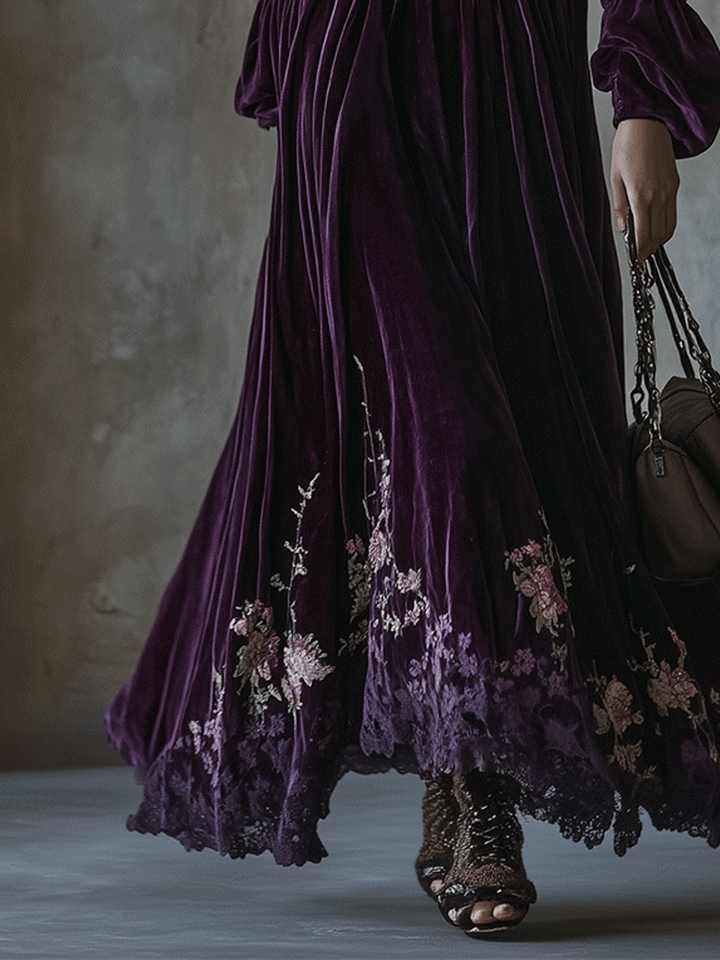 Velvet Maxi Dress Adorned with Embroidered Floral Designs