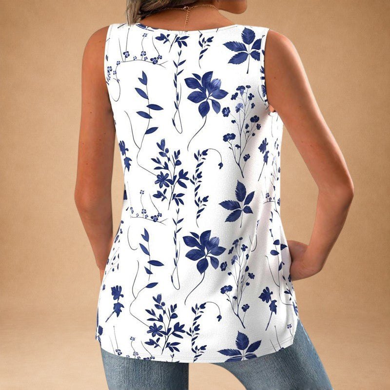 White Top with Blue Floral Patterns
