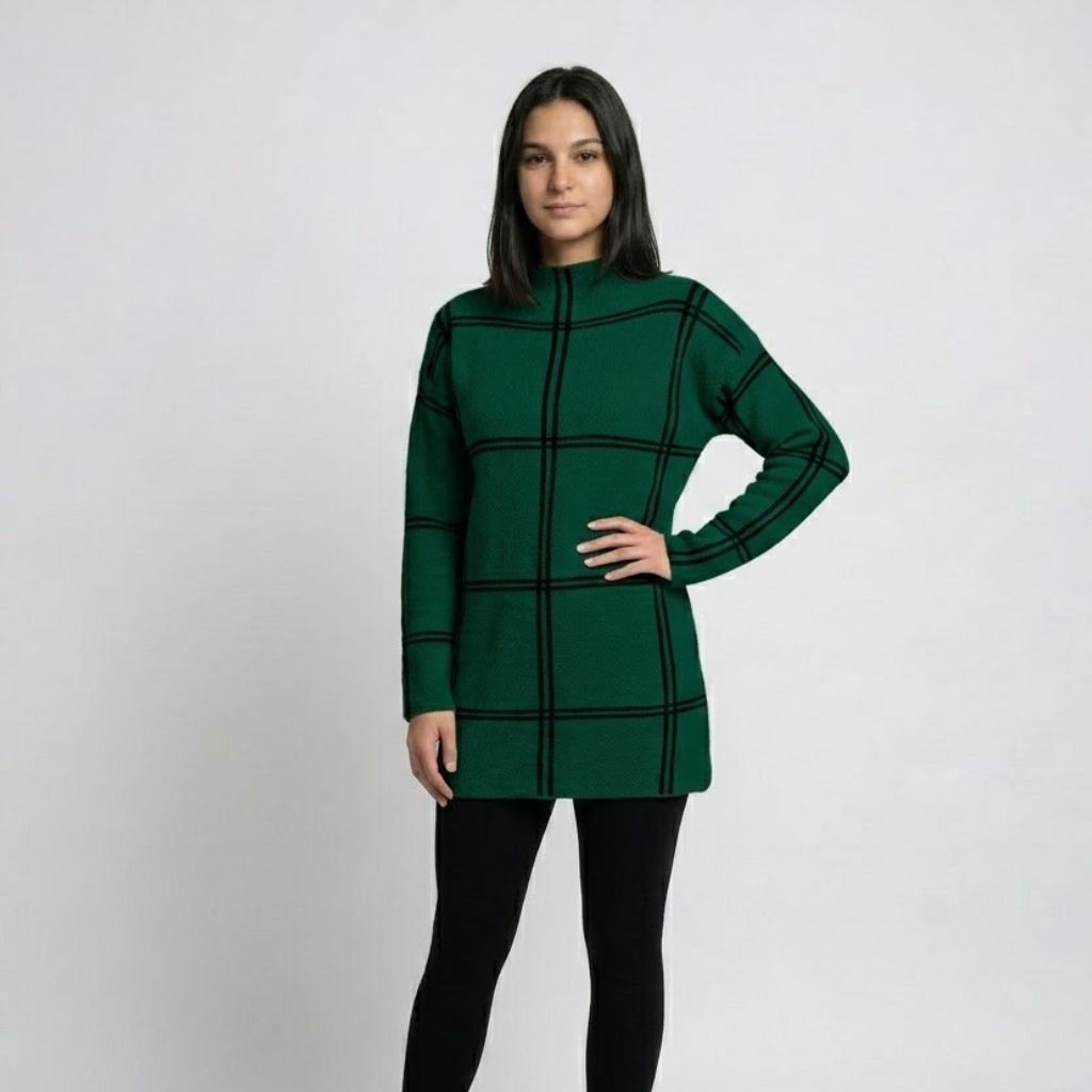 Urban-Style Long Knitted Sweater in Geometric Pattern - Acrylic and Polyester Blend