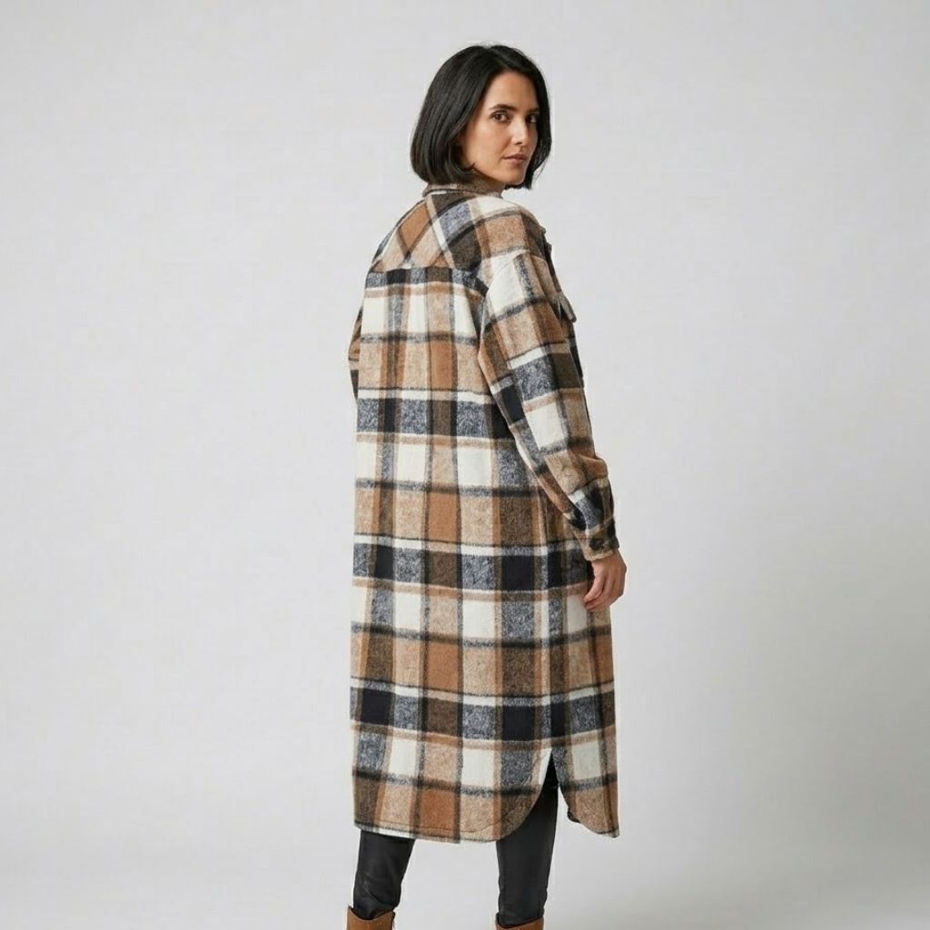 Checkered Long Polyester Coat with Unique Design