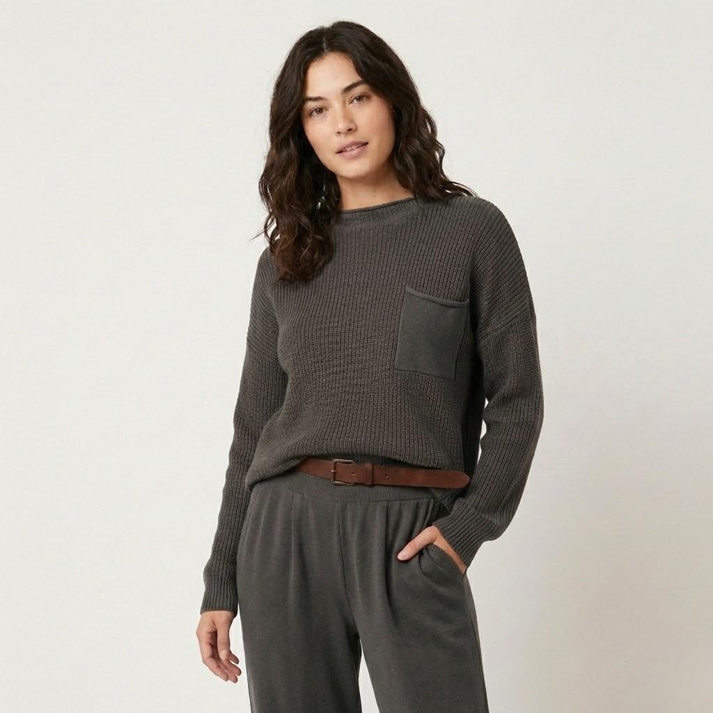 Relaxed-Fit Structured Knit Cotton Sweater with Front Pocket