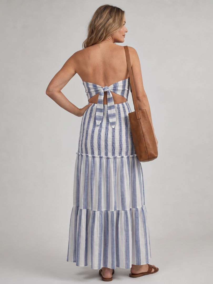 Azaria | Midi dress with striped ruffles and no straps
