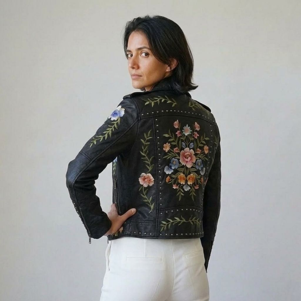 Floral Embroidered Short Biker Jacket in Polyurethane and Polyester