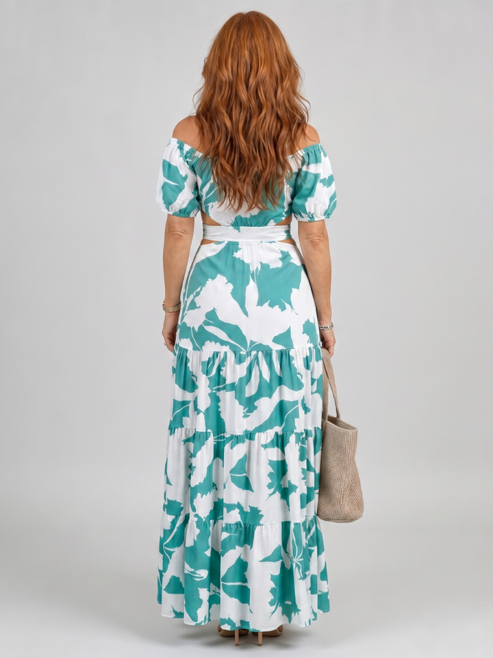 Orelina | Long Dress with Off-the-Shoulder Design and Strategic Cuts at the Waist