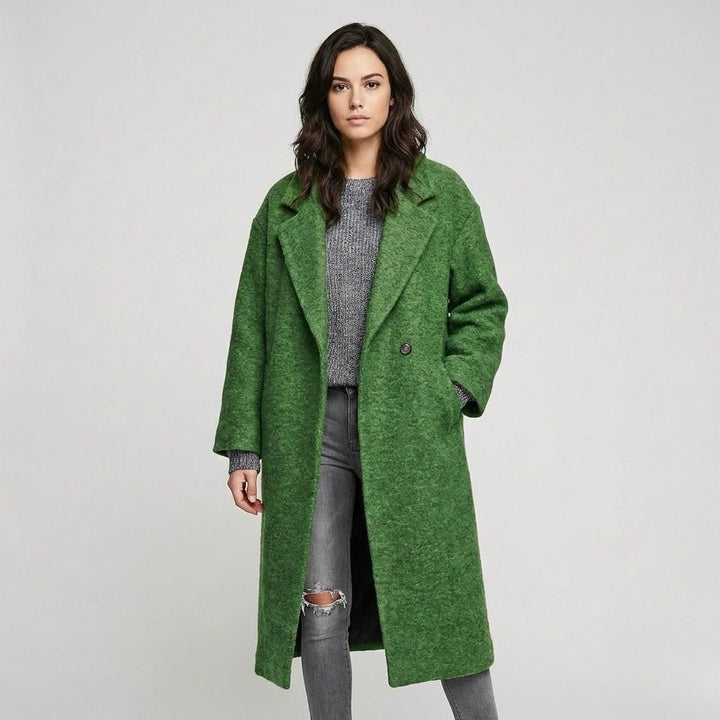 Straight-Cut Long Wool Coat with Unique Checked Design