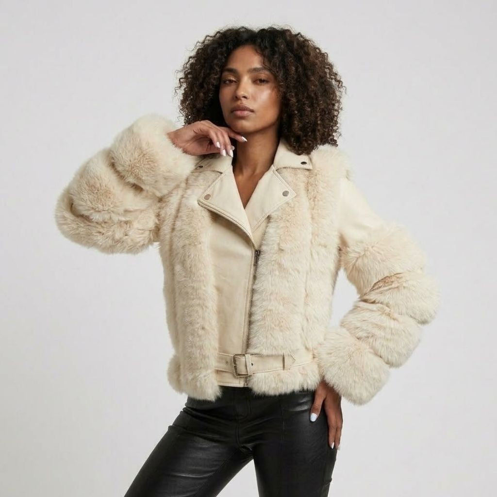 Tailored Biker Jacket Crafted from a Polyester-Acrylic Blend with a Bold Wide Collar