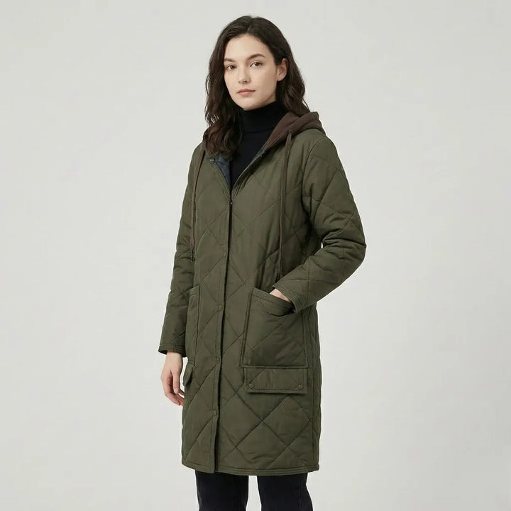 Straight-Cut Long Quilted Hooded Coat