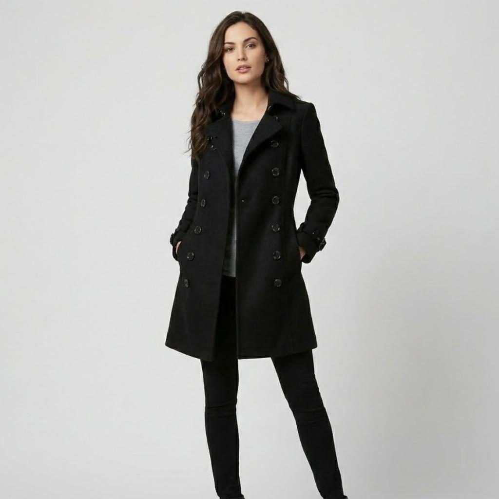 Urban-Style Fitted Wool Blend Coat with Structured Design