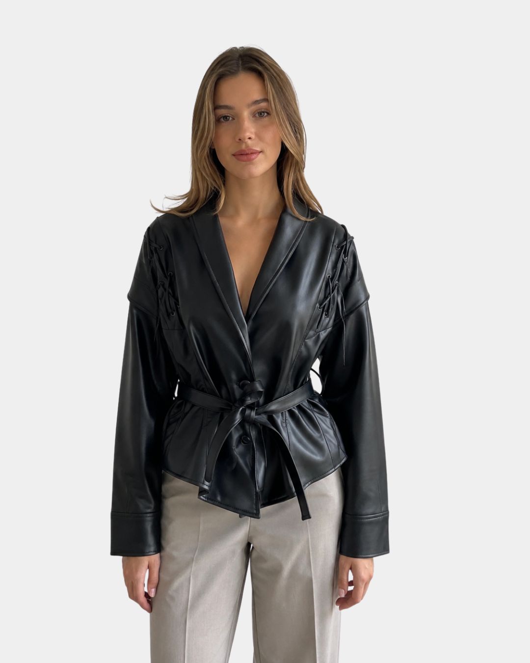 Belted Wrap Coat with Stylish Shoulder Accents